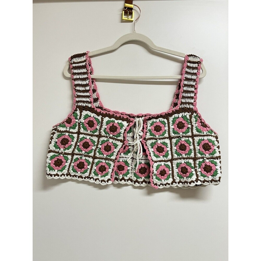 Maeve by Anthropologie Granny Square Crochet Crop Top Pink Brown Floral One Size
